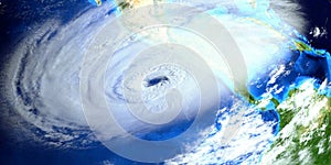 Extremely detailed and realistic high resolution 3d illustration of a Hurricane approaching the united states. Shot from space.