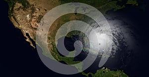 Extremely detailed and realistic high resolution 3d illustration of a hurricane slamming into Florida. Shot from Space.