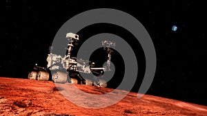 Extremely detailed and realistic high resolution 3D illustration a Space Exploration Vehicle on Mars. Shot from space