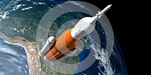 Extremely detailed and realistic high resolution 3D illustration of a Space Launch System SLS Rocket. Shot from Space.