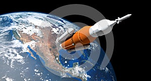 Extremely detailed and realistic high resolution 3D illustration of a Space Launch System SLS Rocket. Shot from Space.