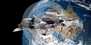 Extremely detailed and realistic high resolution 3D illustration of a space ship flying from Australia to space.