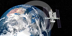 Extremely detailed and realistic high resolution 3D image of ISS International Space Station orbiting Earth shot from outer space.