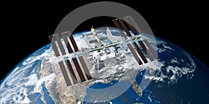 Extremely detailed and realistic high resolution 3D image of ISS International Space Station orbiting Earth shot from outer space.