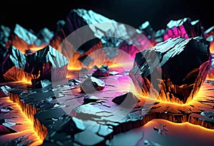 Extremely detailed rendering of an abstract background with rough shapes, floating, glowing elements, perfect environment,