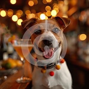 extremely happy dog with tassels collar drinking a fancy cocktail