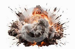 Extremely hot fiery explosion with sparks and smoke, against white background