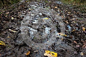 Extremely wet and muddy rural road after the rain with water in foot and wheel prints.