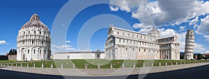 Extremely wide panorama of the Piazza dei Miracoli in Pisa, with the leaning tower, the cathedral and the baptistery