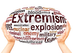 Extremism word cloud hand sphere concept