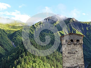 Extremity of a medieval defensive tower in the mountains in Georgia.