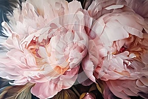 Extrime close-up, oil painting of blooming peony flowers, generative ai