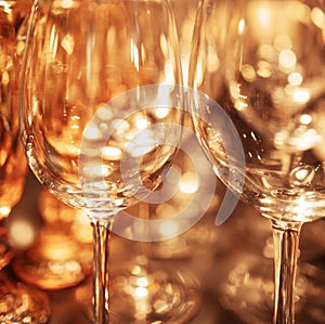 Extrime closeup of empty champagne glasses in a row. Wine goblet at wedding reception