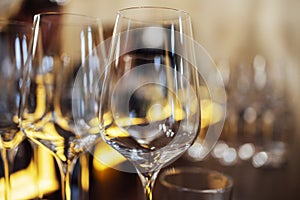 Extrime closeup of empty champagne glasses in a row. Wine goblet at wedding reception, alcohol bar, catering in restaurant