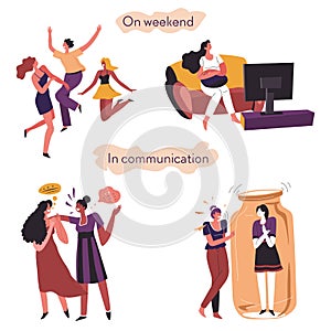 Extrovert and introvert comparison on weekends and in communication