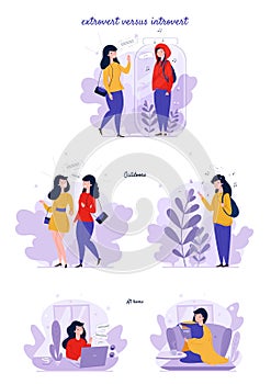 Extrovert and introvert personality types. Extraverted, introverted mindset people. Extroversion, introversion, vector