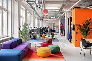 An exuberantly decorated room bursting with a plethora of colorful furniture, A bright, youthful startup office with colorful