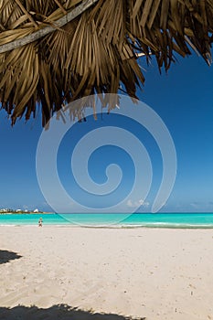 Exuma, Bahamas beach scene looking out from a palapa at the blue