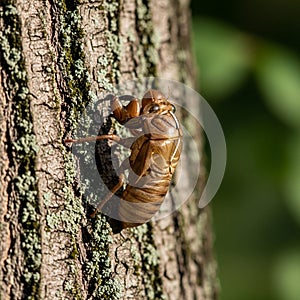 Exuvia, is light brown and has detailed segmentations and joint structure