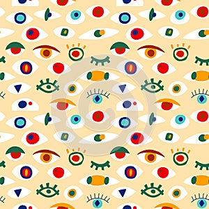 Eye abstract pattern with geometric shapes in contemporary style. Vector greek seamless pattern with look, eyes in