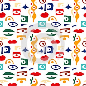 Eye abstract pattern with geometric shapes in contemporary style. Vector greek seamless pattern with look, eyes in modern collage