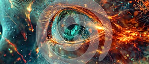 Eye of AI humanoid robot close-up, futuristic artificial intelligence and fire. Concept of technology, war, digital future, art
