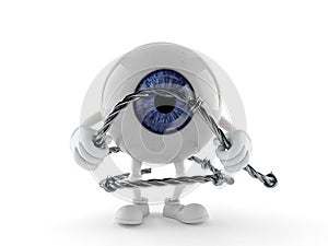Eye ball character holding barbed wire