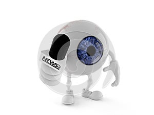 Eye ball character holding interview microphone