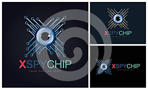 Eye balls letter X Spy chip Integrated Circuit microchip CPU letter logo design template