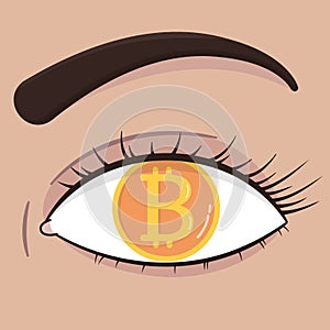 Female eye with bitcoin icon sign payment symbol in a close-up view.