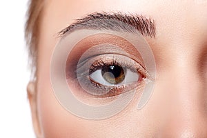 Eye with bright makeup closeup, model face crop photo