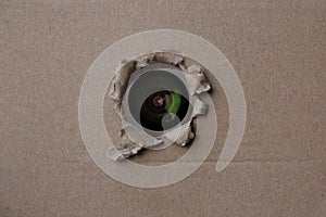 Eye of the camcorder looks through a torn hole in an empty brown cardboard, craft paper, concept of secrecy, covert video
