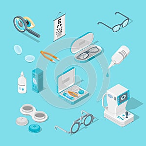 Eye care and health, vector 3d isometric icons set. Contact lenses, glasses, ophthalmology equipment illustration.