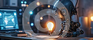 An eye-catching depiction of a robot holding a light bulb beside its desk, crafted using the intricate details of ray tracing.