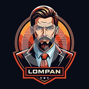 Bearded man in a suit emblem with a sharp, determined look