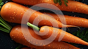 Eye-catching Detail: Fresh Carrots With Water Drops On Black Background
