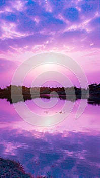 Eye-catching, Dramatic, Purple color Sunset, Color Reflection Lake Water,