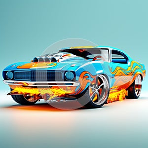 Eye-catching Flaming Car: A Colorful Caricature In Light Turquoise And Amber