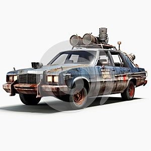 Eye-catching Post-apocalyptic Marauder Car Adrift On White Background