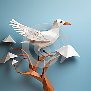 Eye-catching Seagull Paper Craft With Polygon Design On Tree Branch