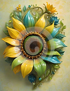 Eye catching Sunflower Brooch With Distinct Blue and Yellow Petals, Generative AI