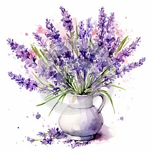 Eye-catching Watercolor White Vase Of Lavender Bouquet Illustration