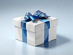 Eye-Catching White Gift Box with a Vibrant Satin Blue Bow on Top