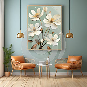 Eye-catching White Painting With Flower Patterns On Light Green Wall