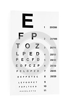 Eye chart test on white, top view. Ophthalmologist tool