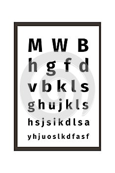 An eye chart vector illustration on white background. Ophthalmic table for visual examination. The testing Board for