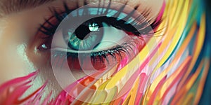 An eye with chromatic aberration close-up, in the style of a make-up tutorial