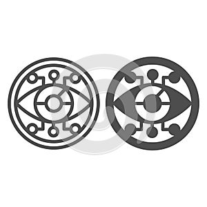 Eye circle with connections line and solid icon, neural network concept. Vector graphics. Visual recognition program