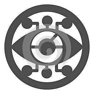 Eye circle with connections solid icon, neural network concept. Vector graphics. Visual recognition program sign on