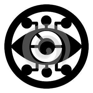 Eye circle with connections solid icon, neural network concept. Vector graphics. Visual recognition program sign on